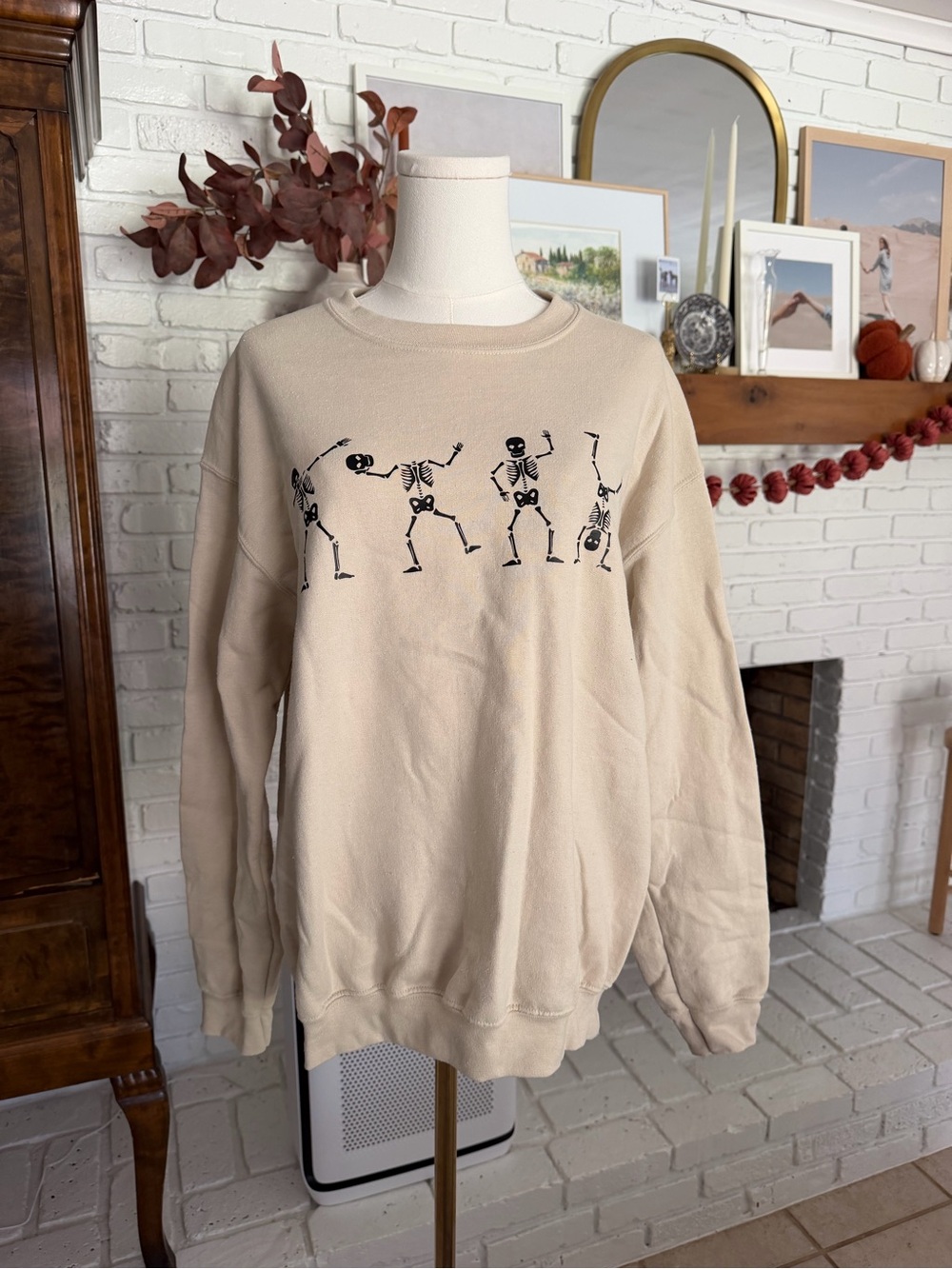 Gildan Beige Crewneck Sweatshirt with Black Dancing Skeletons